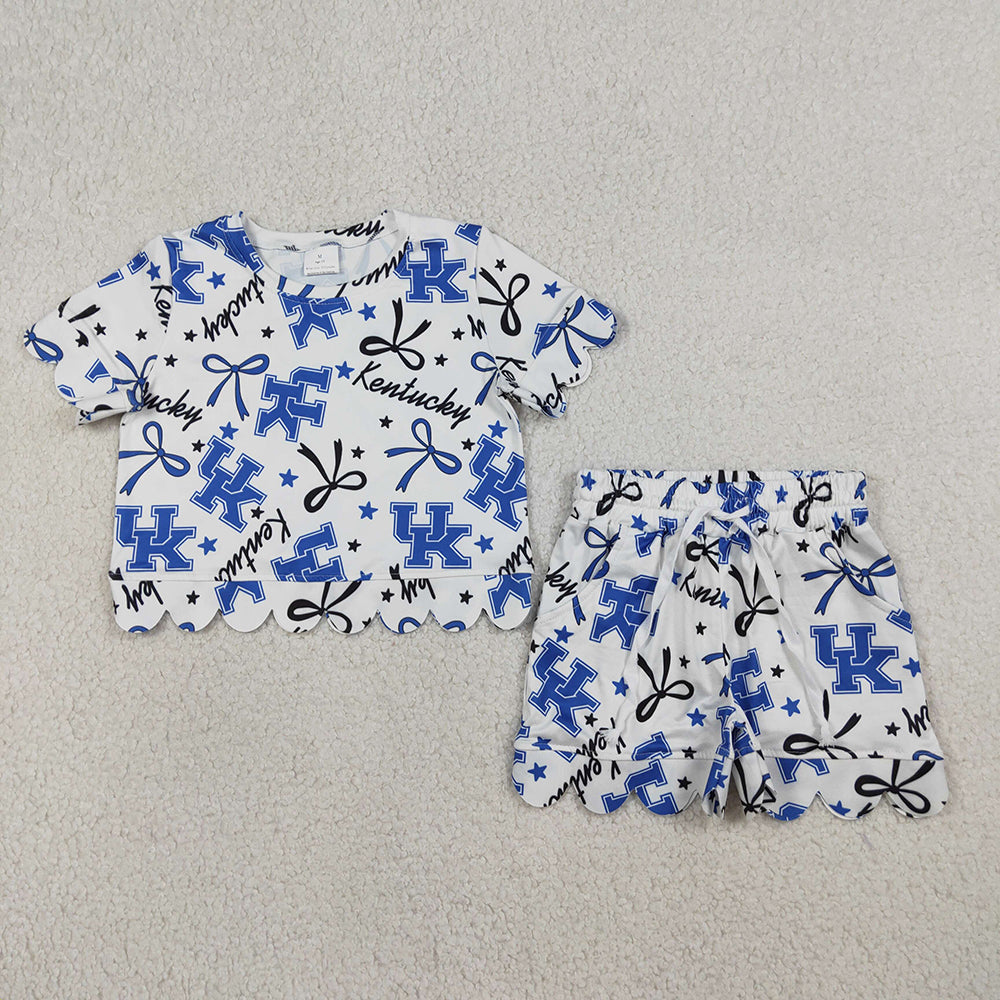 8 Colors Teams Stars & Bows Print Girls Scallop Summer Clothes Set Sisters Wear