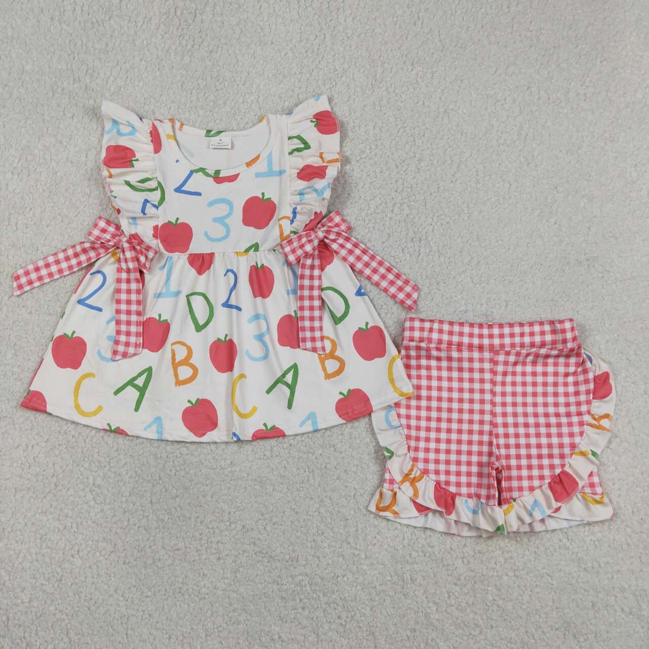 Sibling Back to School Outfit Apple Print Short Sleeve Top +Red Gingham Shorts Set