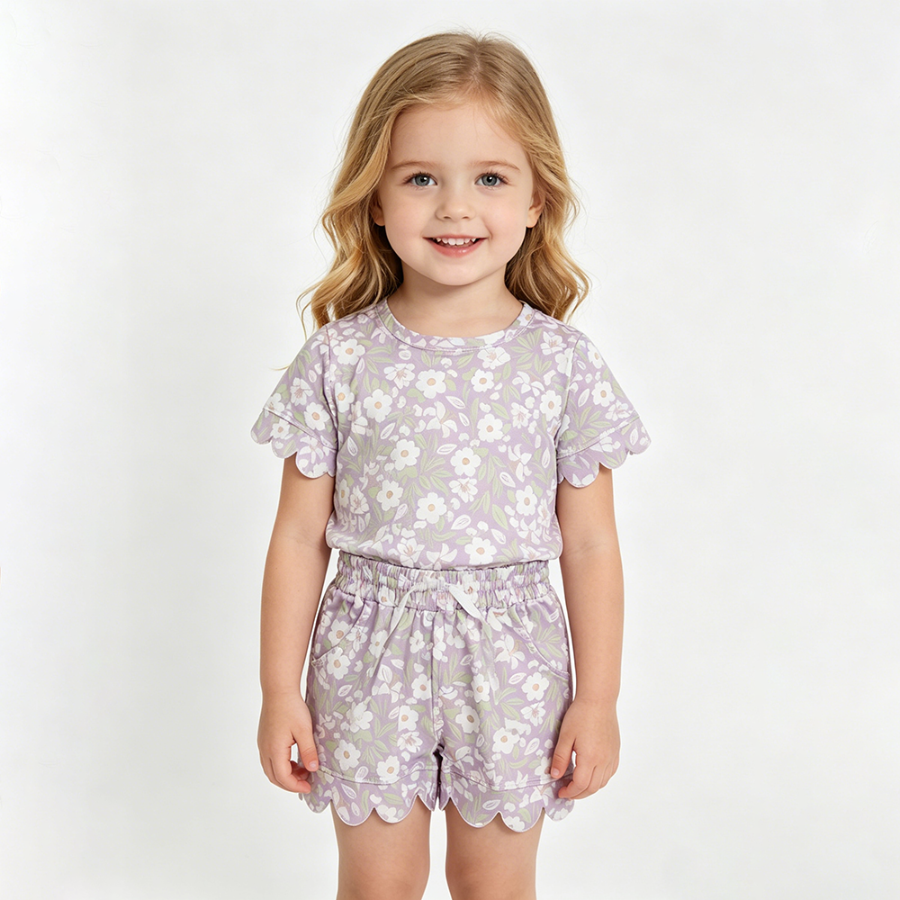 GSSO3265 White Purple Flowers Print Girls Summer Scallop Clothes Set