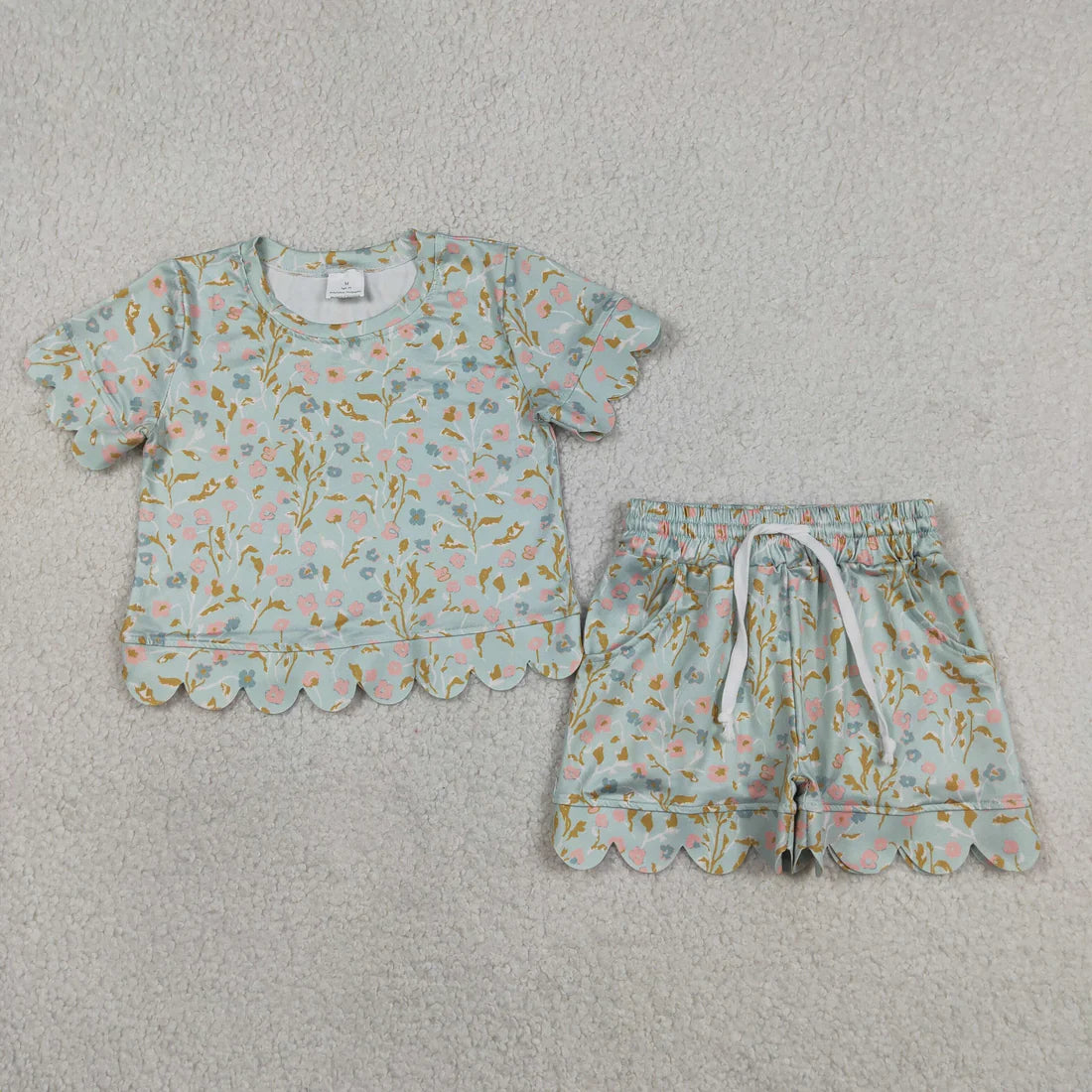 Sibling Baby Girls Colorful Flowers Top Pockets Shorts Scallop Clothes Sets