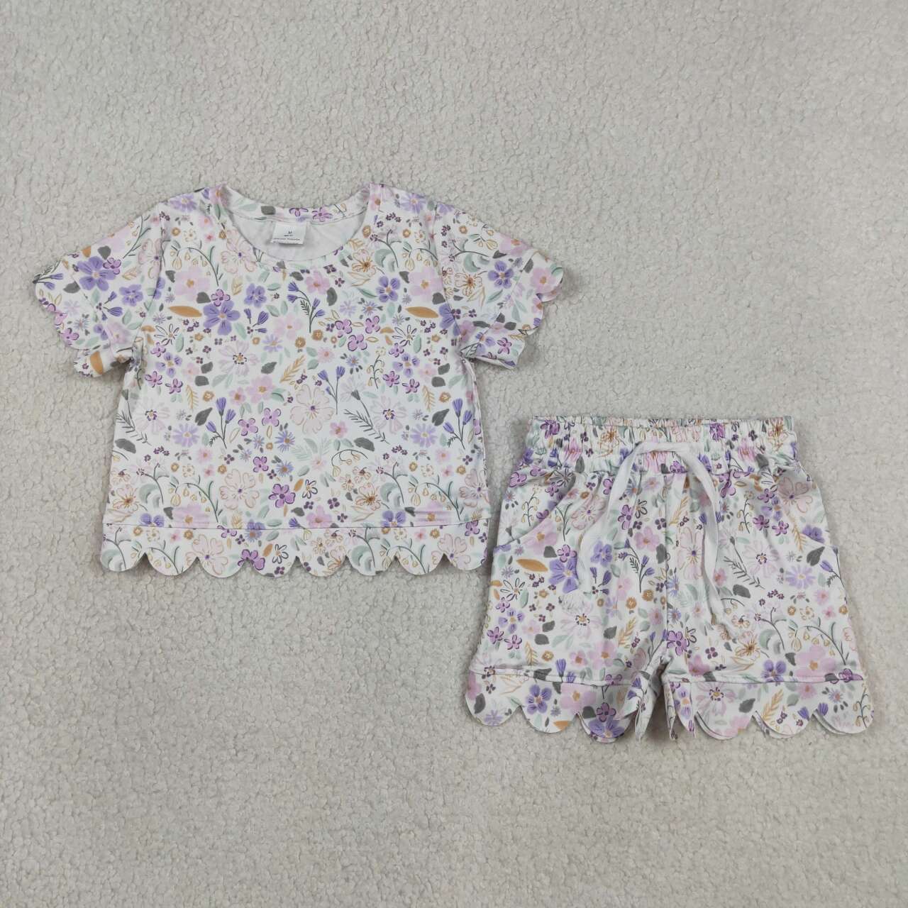 Mommy and Me Purple Flower Scallop Outfits, Short Sleeve Two Piece Set for Mother Daughter
