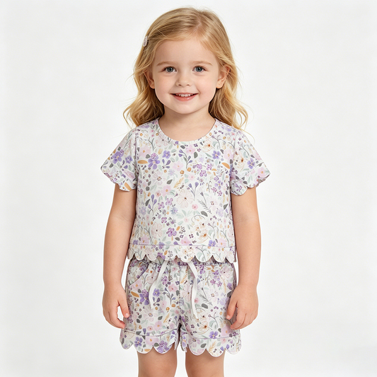 GSSO3267  Purple Flowers Print Girls Scallop Summer Shorts Set