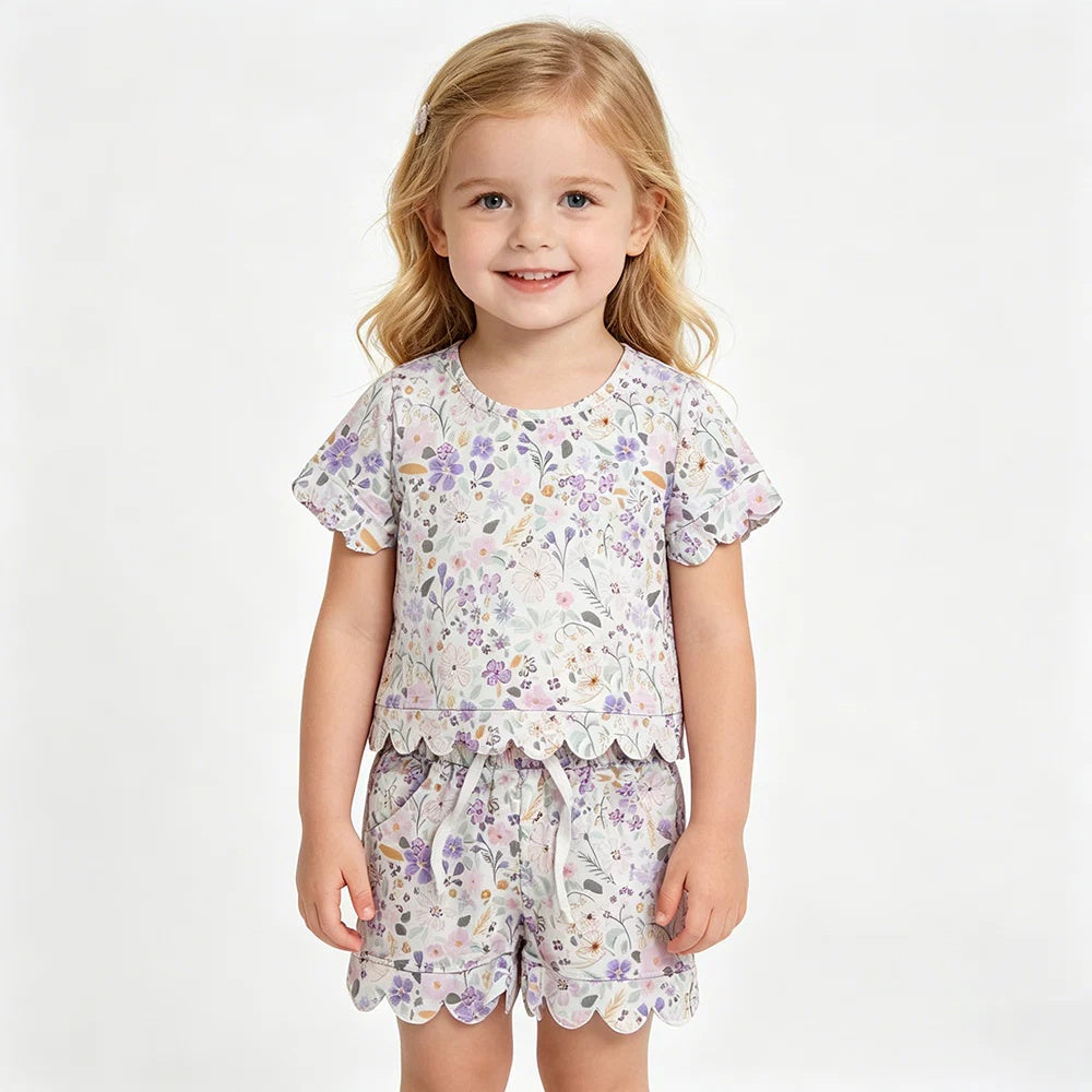 Mommy and Me Purple Flower Scallop Outfits, Short Sleeve Two Piece Set for Mother Daughter