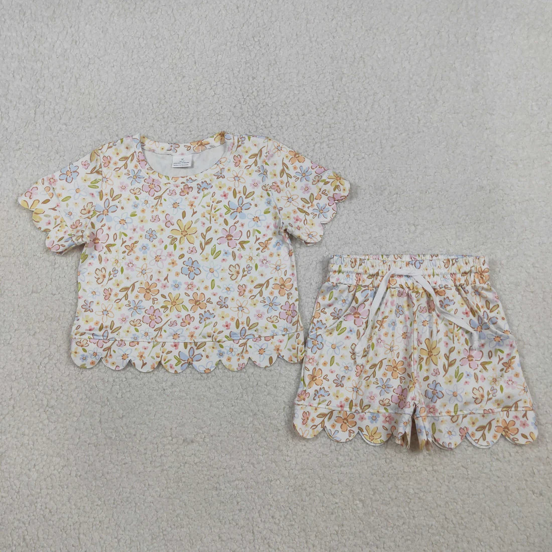 Sibling Baby Girls Colorful Flowers Top Pockets Shorts Scallop Clothes Sets