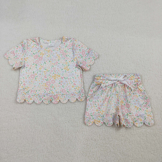 GSSO3273 Colorful Flowers Print Pockets Shorts Girls Summer Scallop Clothes Set