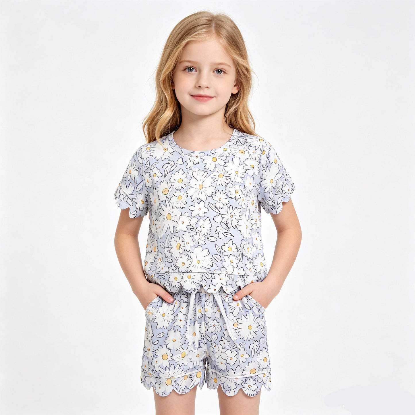 GSSO3275 Baby Girls Short Sleeve Daisy Flowers Top Scallop Shorts Clothes Sets