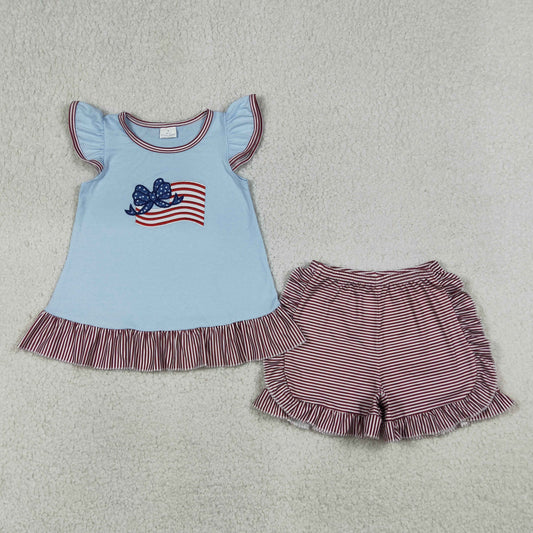 Sibling Boys Baby Girls 4th Of July Embroidery Blue Top +Stripes Shorts Outfits