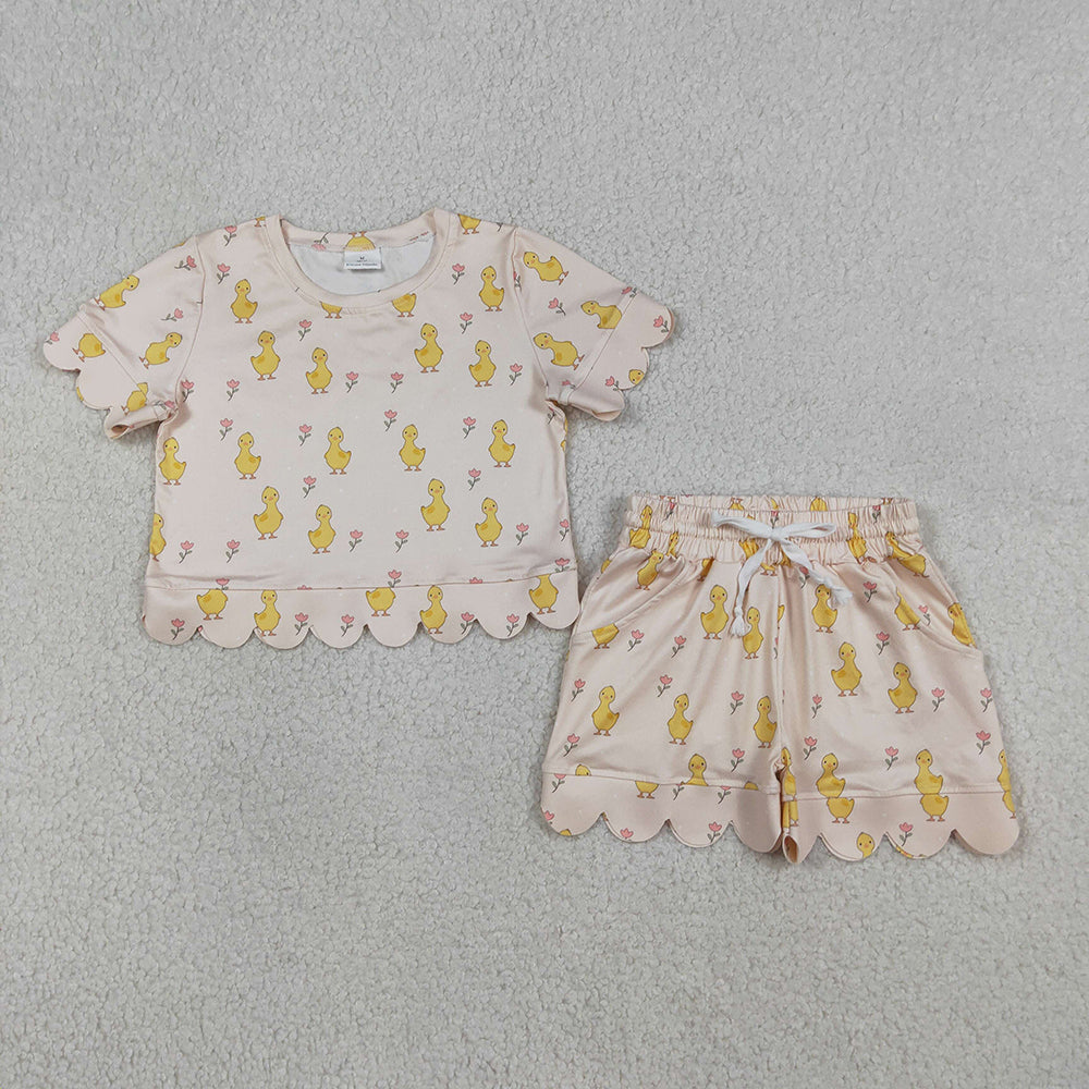 GSSO3281 Duckling Flowers Print Pockets Shorts Girls Summer Scallop Clothes Set