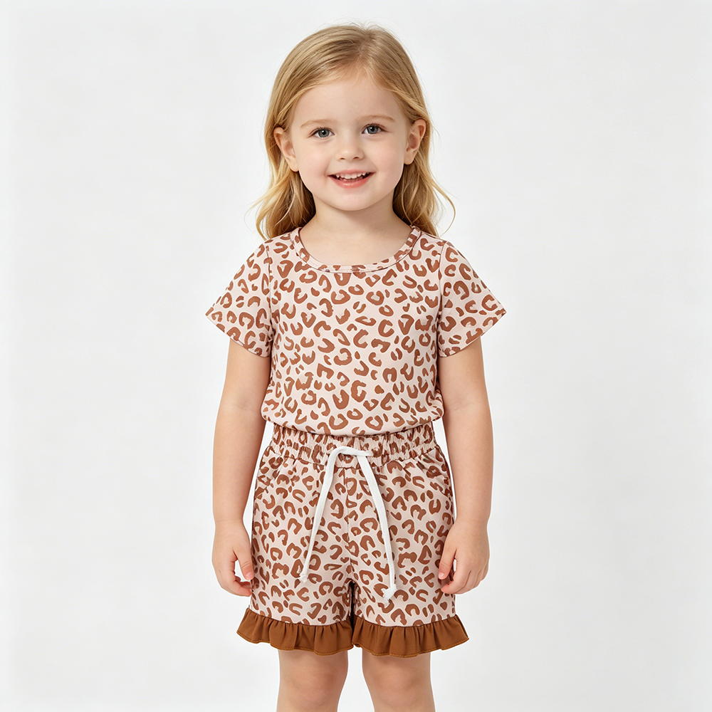 Sibling Baby Girls Short Sleeve Colorful Leopard Top Pockets Ruffle Short Clothes Sets