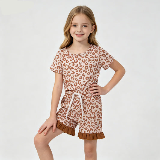 Brown Leopard Top Pockets Shorts Girls Summer Clothes Set