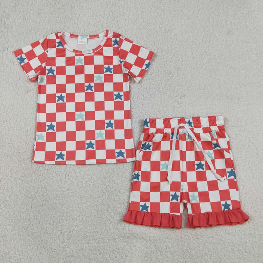 GSSO3293 Red Plaid Stars Top Pockets Shorts Girls 4th of July Clothes Set