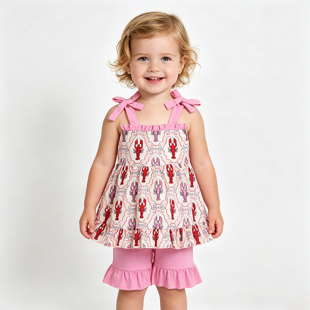 GSSO3299 Crayfish Strap Tunic Top Pink Shorts Girls Summer Clothes Set