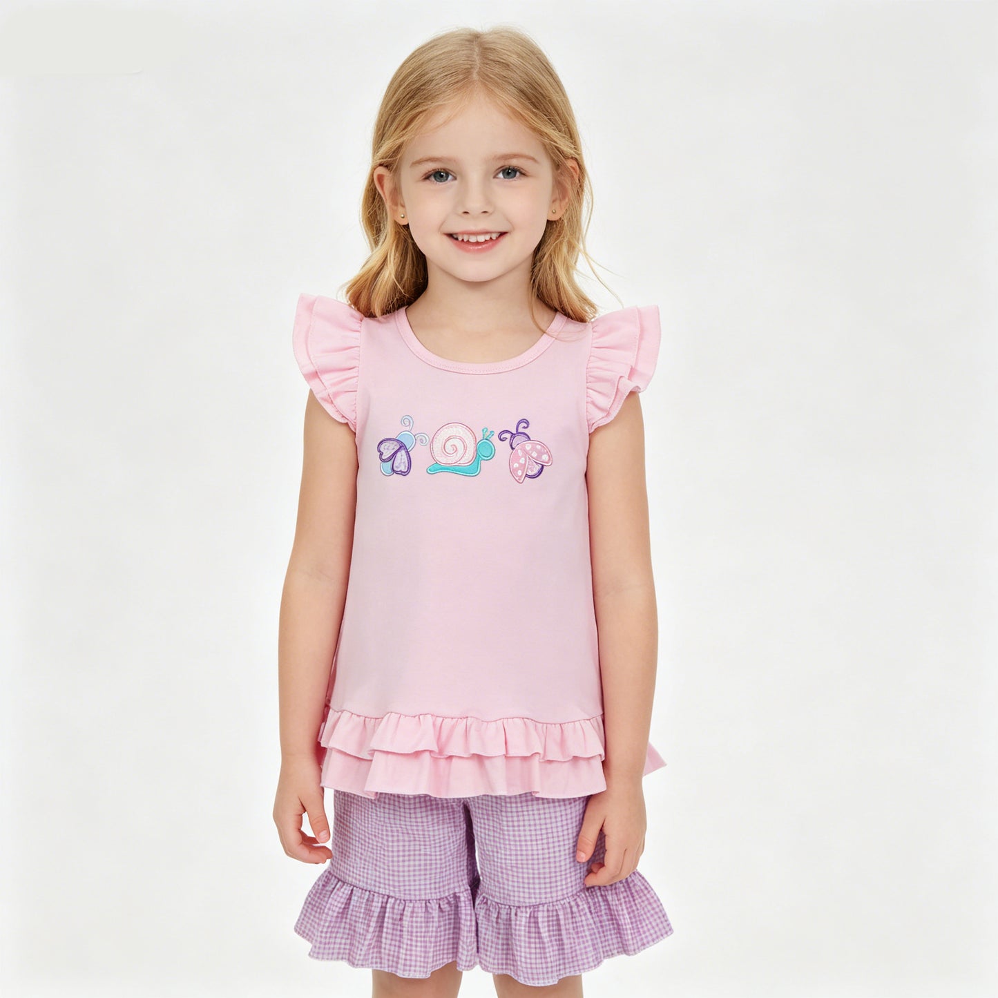 Toddler Girl Ladybirds Snails Embroidery Outfit - Pink Ruffle Top & Purple Gingham Shorts Set