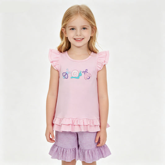Toddler Girl Ladybirds Snails Embroidery Outfit - Pink Ruffle Top & Purple Gingham Shorts Set