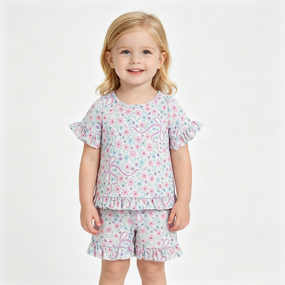 GSSO3322 Pink Blue Flowers Bows Baby Girls Summer Shorts Set