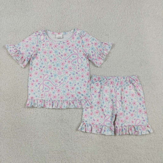 GSSO3322 Pink Blue Flowers Bows Baby Girls Summer Shorts Set