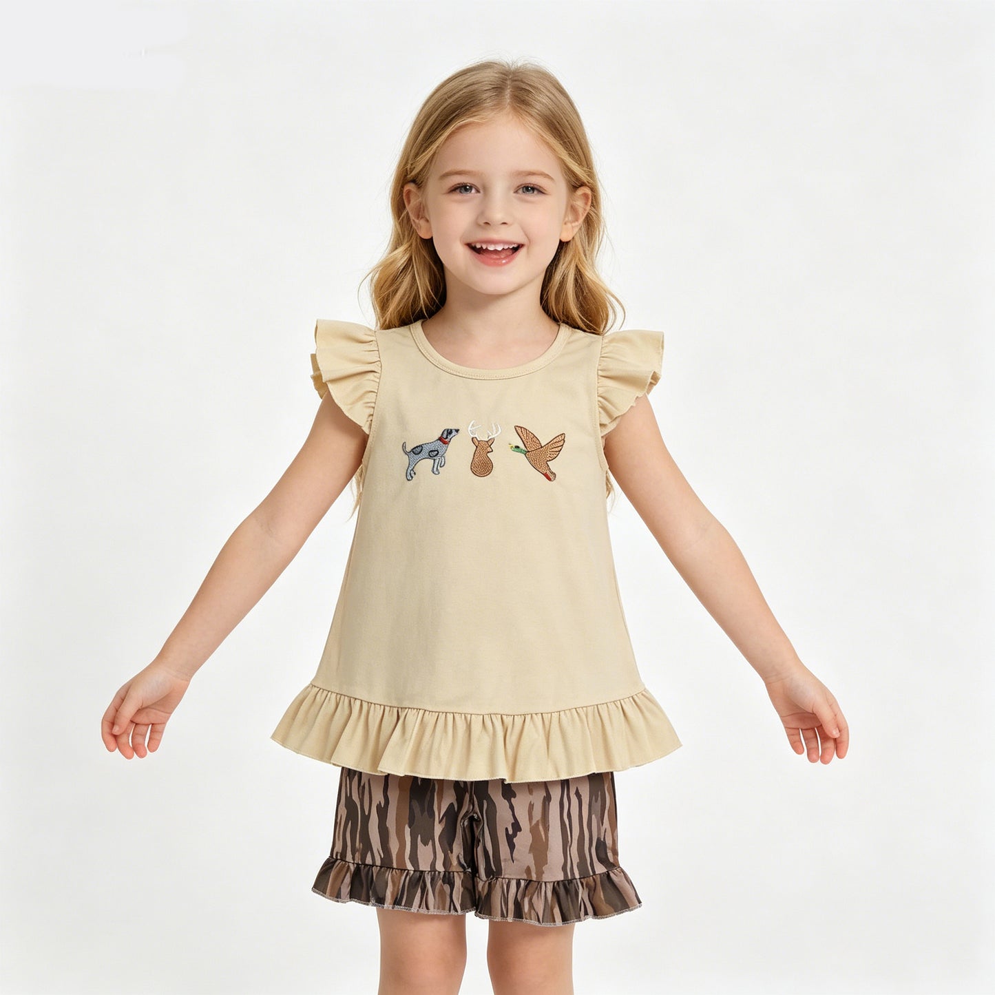 Sibling Girls Boys Hunting Deer Duck Camo Shorts Set +Romper