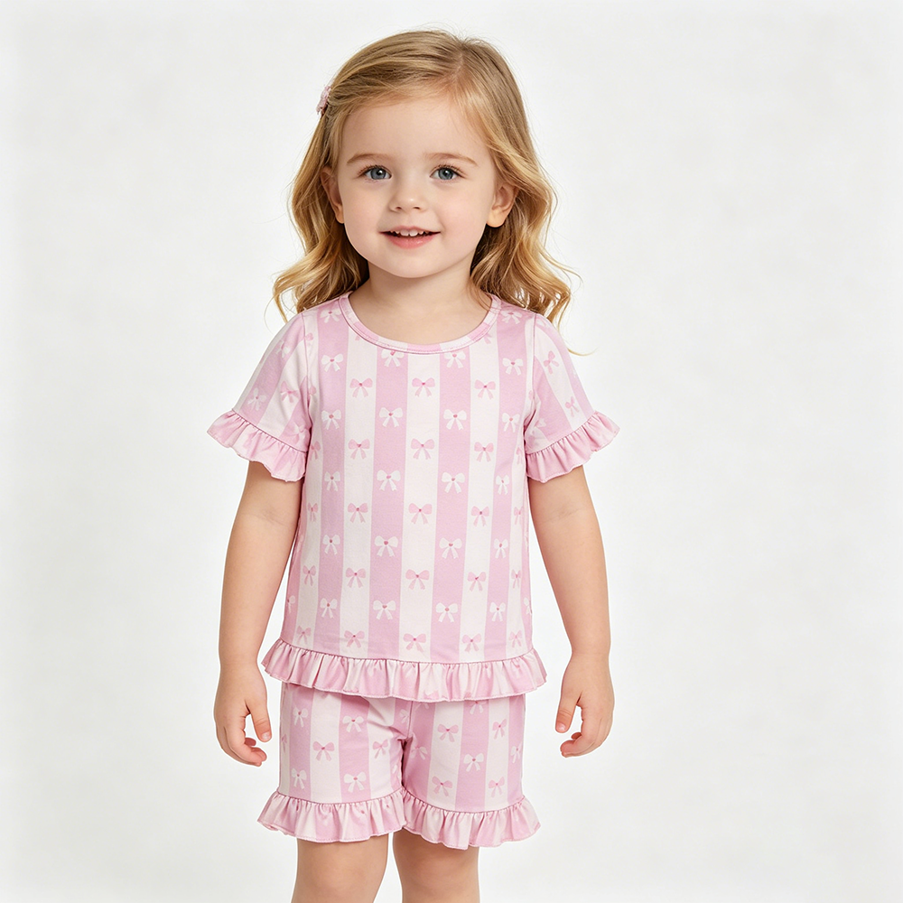 GSSO3341 Bows Pink Stripes Print Ruffle Shorts Girls Summer Pajamas Clothes Set