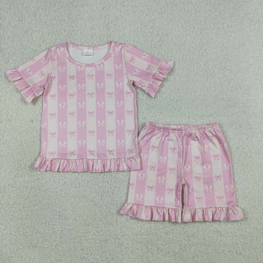 GSSO3341 Bows Pink Stripes Print Ruffle Shorts Girls Summer Pajamas Clothes Set