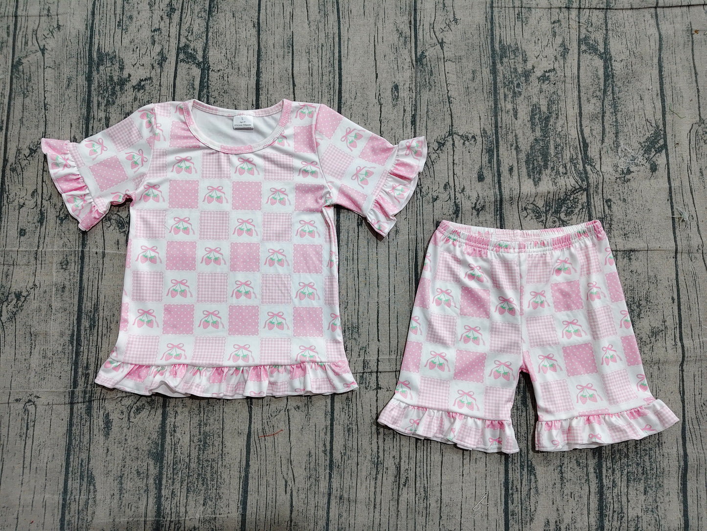 Baby Girls Short Sleeve Pink Bows Strawberry Checked Top Ruffle Short Clothes Set Preorder