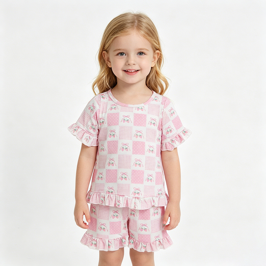 GSSO3342 Pink Bows Strawberry Top Ruffle Shorts Baby Girls Summer Clothes Set