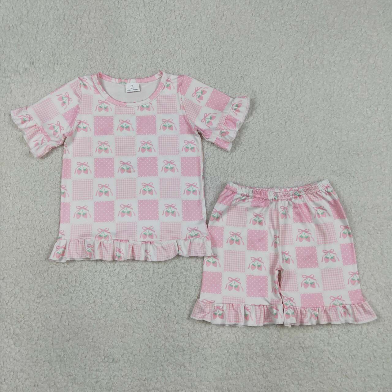 GSSO3342 Pink Bows Strawberry Top Ruffle Shorts Baby Girls Summer Clothes Set