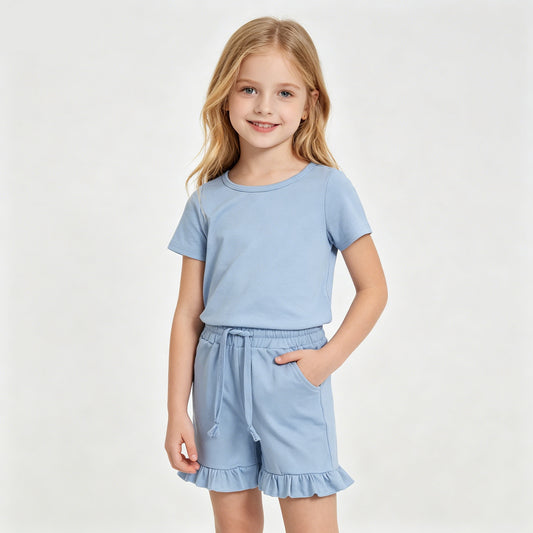 Blue Cotton Kids Girls Summer Shorts Clothes Set