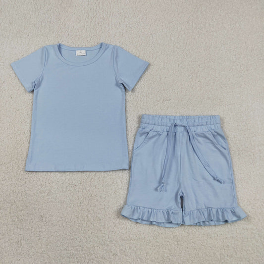 Blue Cotton Kids Girls Summer Shorts Clothes Set