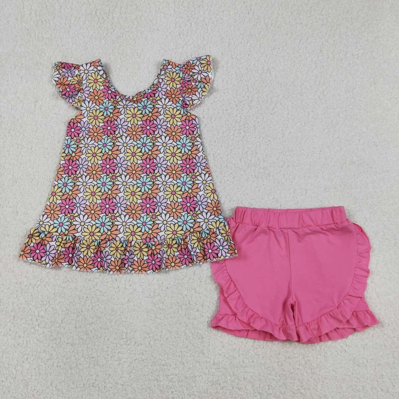 Toddler Girl Daisy Bow Back Set - Floral Tunic with Big Pink Bow & Ruffle Shorts