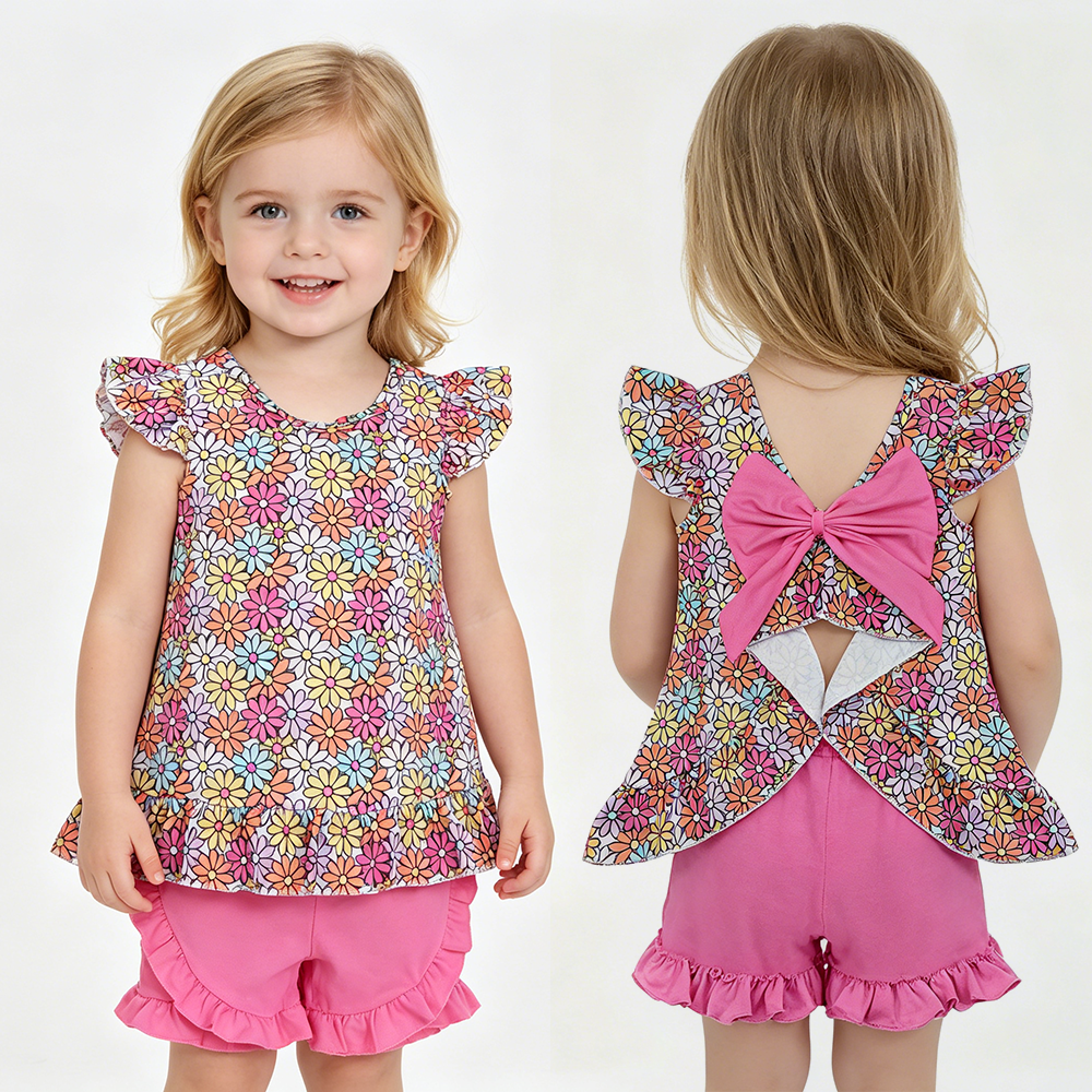Colorful Flowers Flutter Sleeve Baby Girls Outfits & Romper Sisters Summer Matching Wear