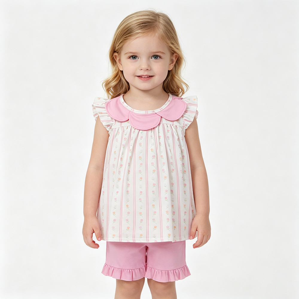 GSSO3363 Small Flowers Doll Collar Top Pink Shorts Girls Summer Clothes Set
