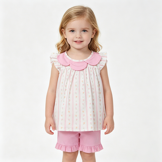 GSSO3363 Small Flowers Doll Collar Top Pink Shorts Girls Summer Clothes Set