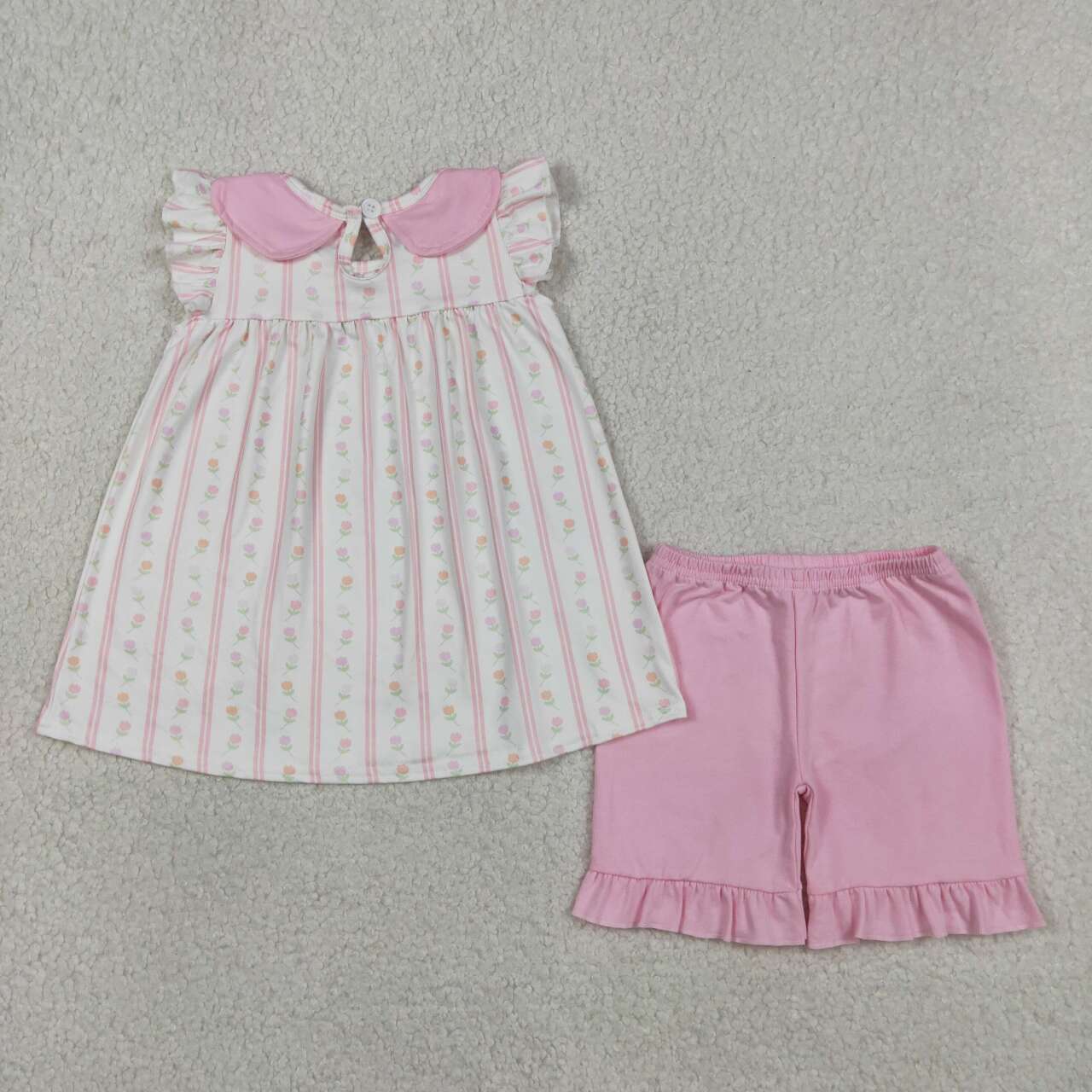 GSSO3363 Small Flowers Doll Collar Top Pink Shorts Girls Summer Clothes Set
