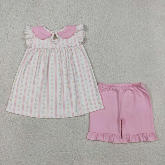 GSSO3363 Small Flowers Doll Collar Top Pink Shorts Girls Summer Clothes Set