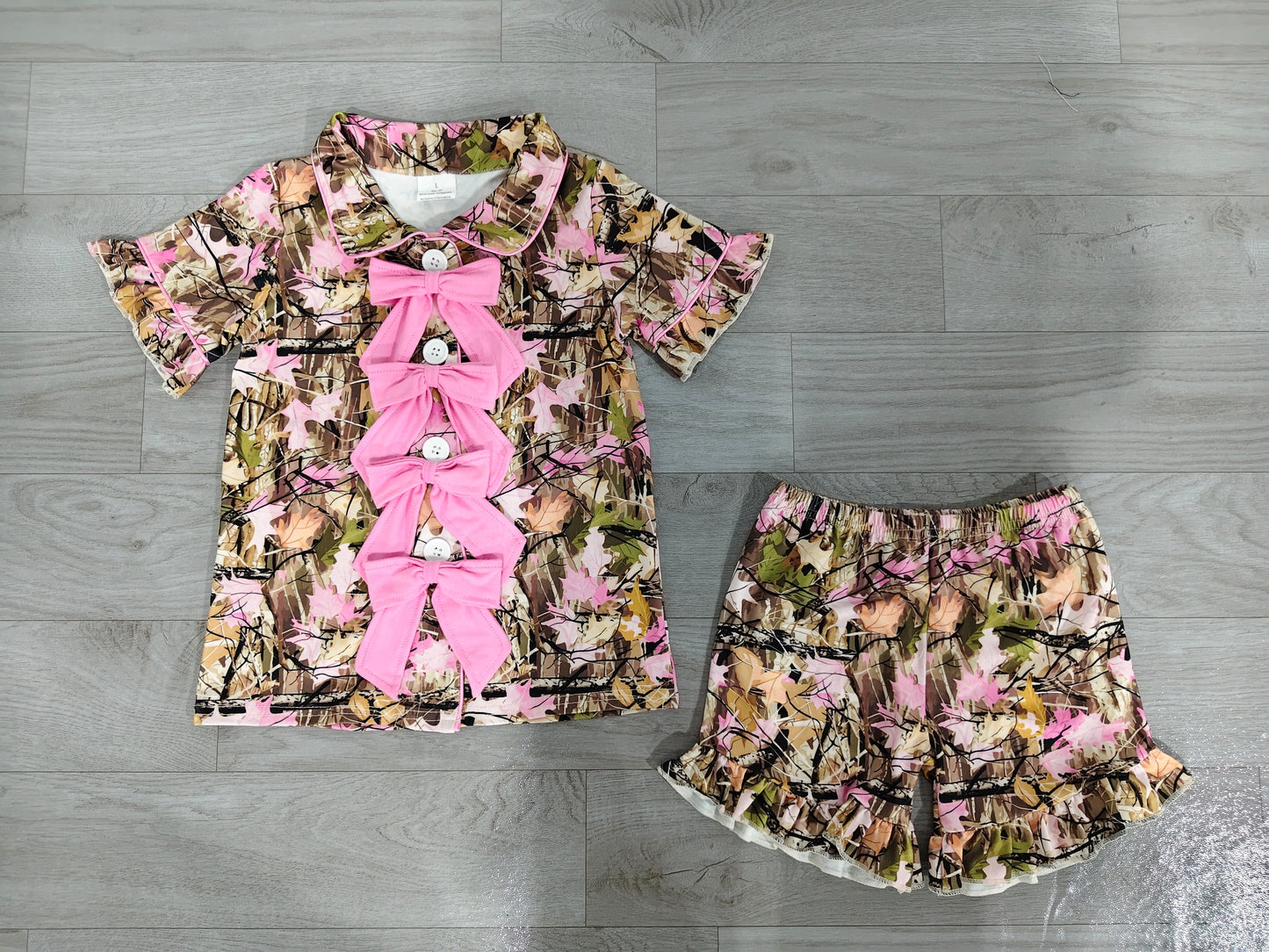 7.2 Preorder Girls  Pink Camo Bow Short Sleeve With Shorts Pajama Set