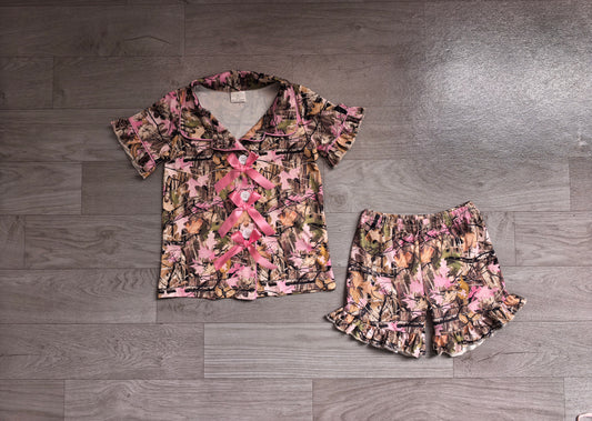 7.2 Preorder Girls  Pink Camo Bow Short Sleeve With Shorts Pajama Set