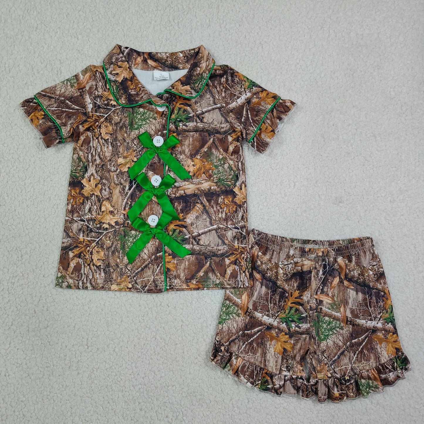 Girls Green Camo Bow Short Sleeve With Shorts Pajama Set