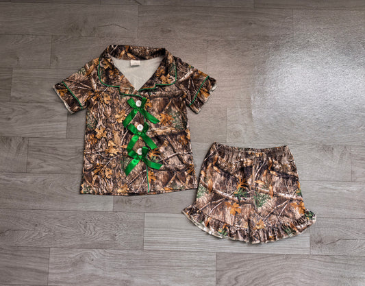 7.2 Preorder Girls Green Camo Bow Short Sleeve With Shorts Pajama Set