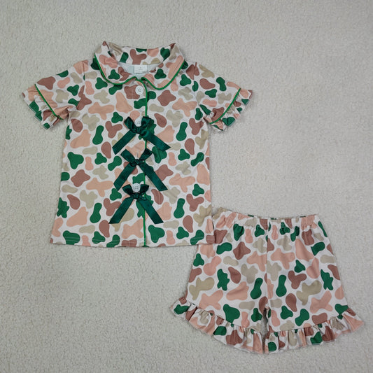 GSSO3367 Pink Green Camo Print Buttons Bows Top Ruffle Shorts Girls Summer Pajamas Clothes Set