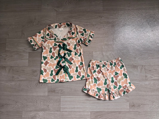 7.2 GSSO3367 Preorder Girls Dark Green Camo Bow Short Sleeve With Shorts Pajama Set