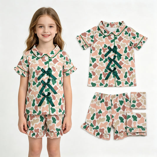 GSSO3367 Pink Green Camo Print Buttons Bows Top Ruffle Shorts Girls Summer Pajamas Clothes Set