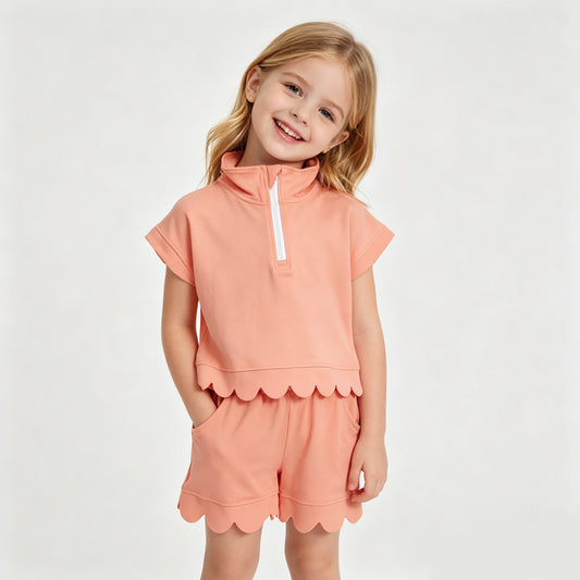 GSSO3374  Peach Zipper Top Pockets Shorts Girls Summer Scallop Cotton Clothes Set
