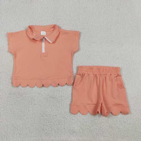 GSSO3374  Peach Zipper Top Pockets Shorts Girls Summer Scallop Cotton Clothes Set