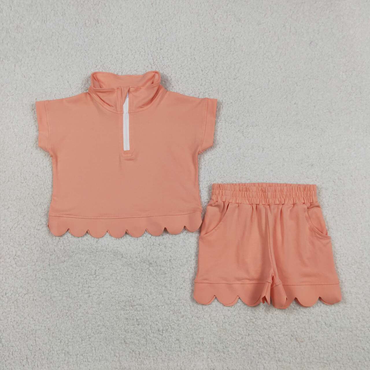 GSSO3374  Peach Zipper Top Pockets Shorts Girls Summer Scallop Cotton Clothes Set