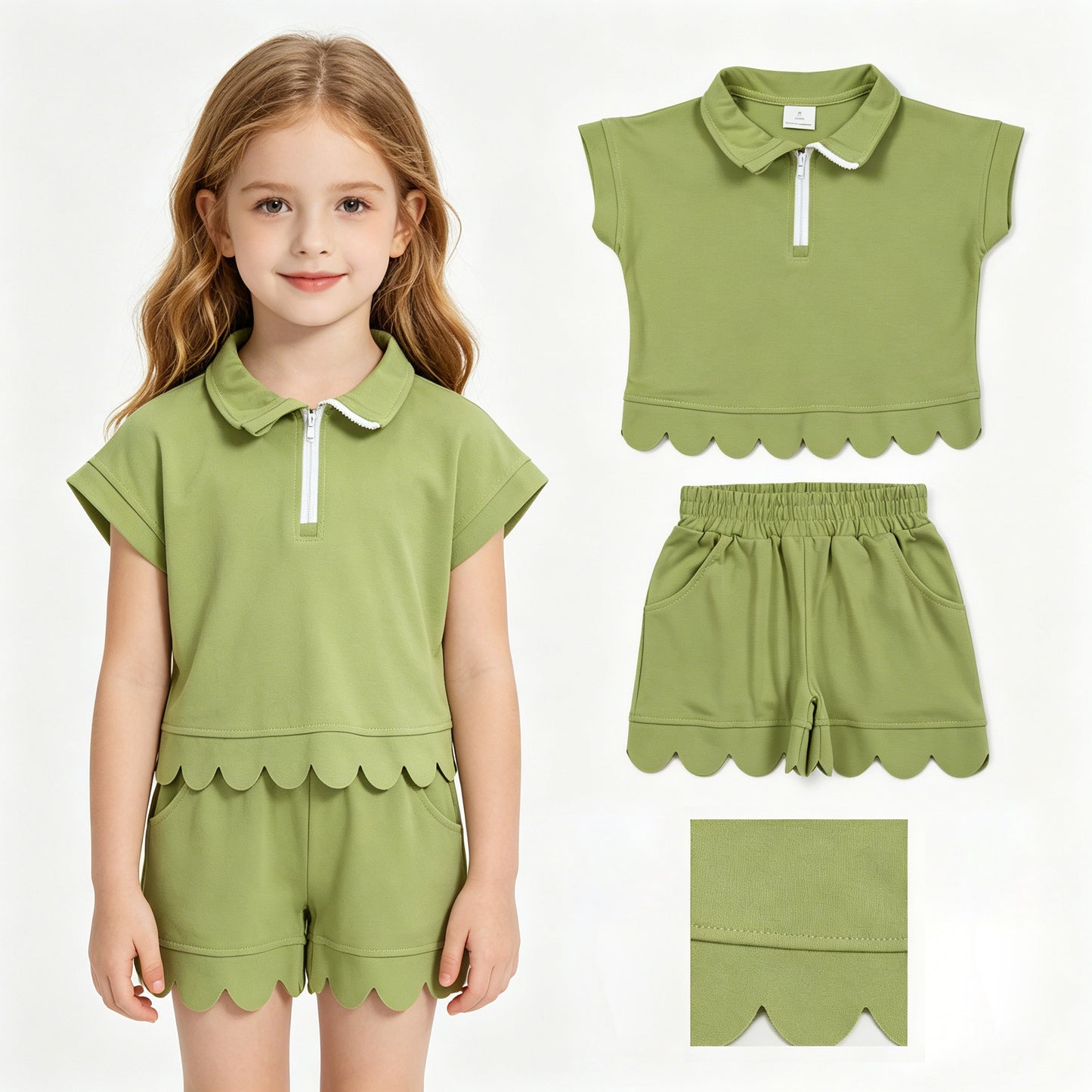 5 Colors Zipper Top Pockets Shorts Girls Summer Scallop Cotton Clothes Set Sisters Wear