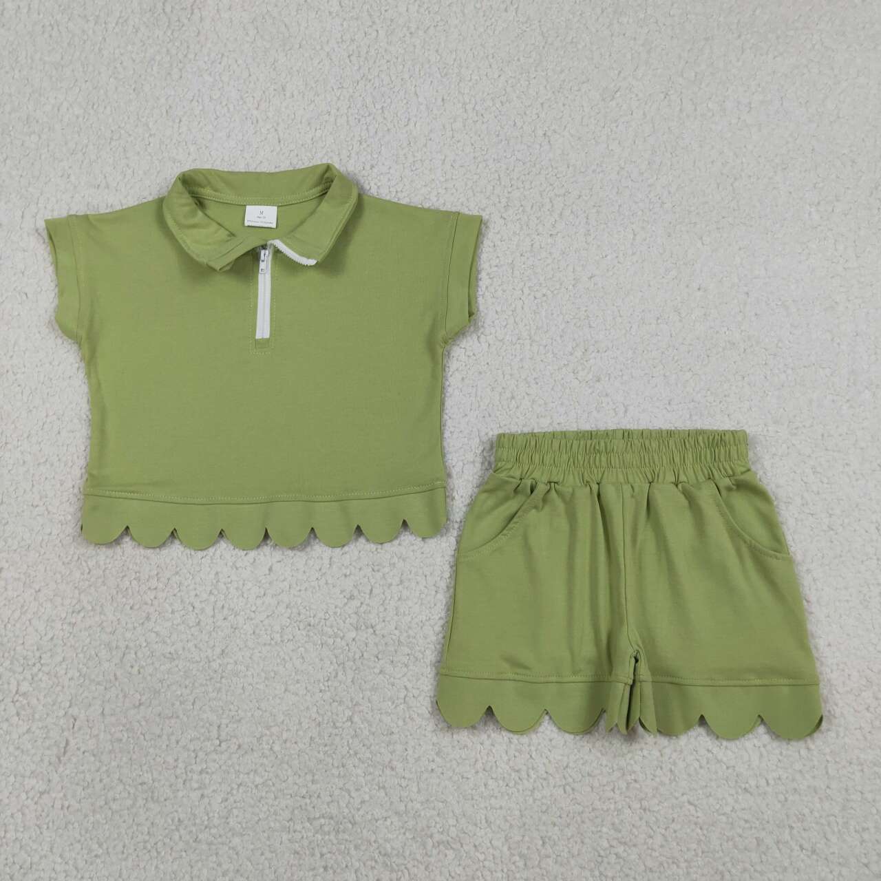 5 Colors Zipper Top Pockets Shorts Girls Summer Scallop Cotton Clothes Set Sisters Wear