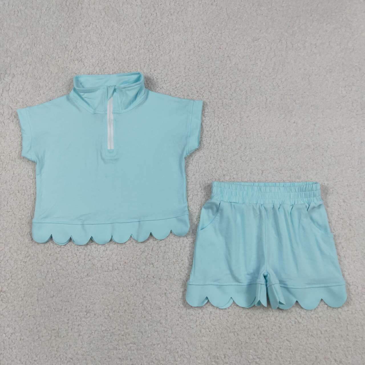 5 Colors Zipper Top Pockets Shorts Girls Summer Scallop Cotton Clothes Set Sisters Wear