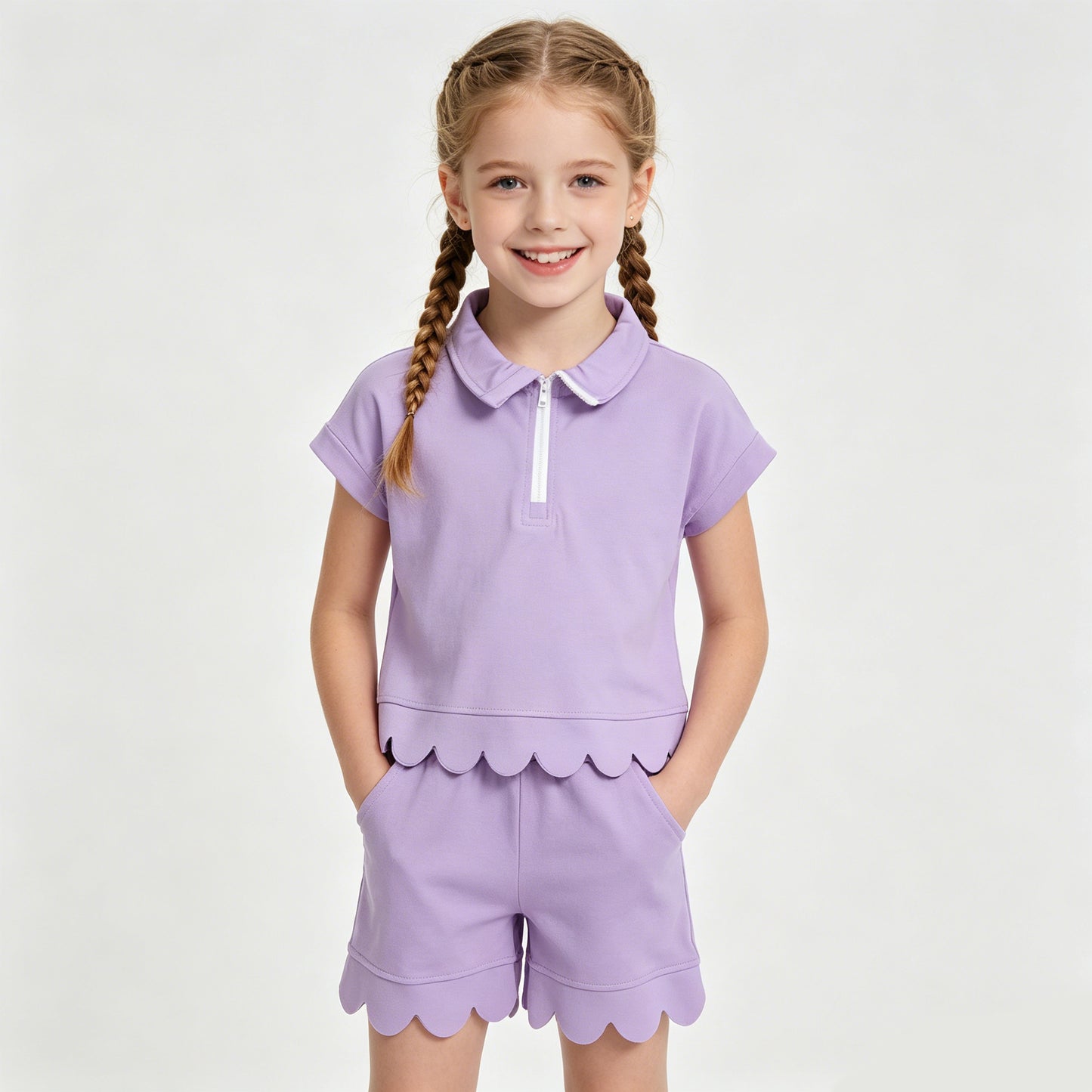 5 Colors Zipper Top Pockets Shorts Girls Summer Scallop Cotton Clothes Set Sisters Wear