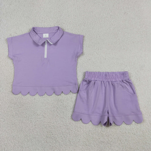 Lavender Zipper Top Pockets Shorts Girls Summer Scallop Cotton Clothes Set
