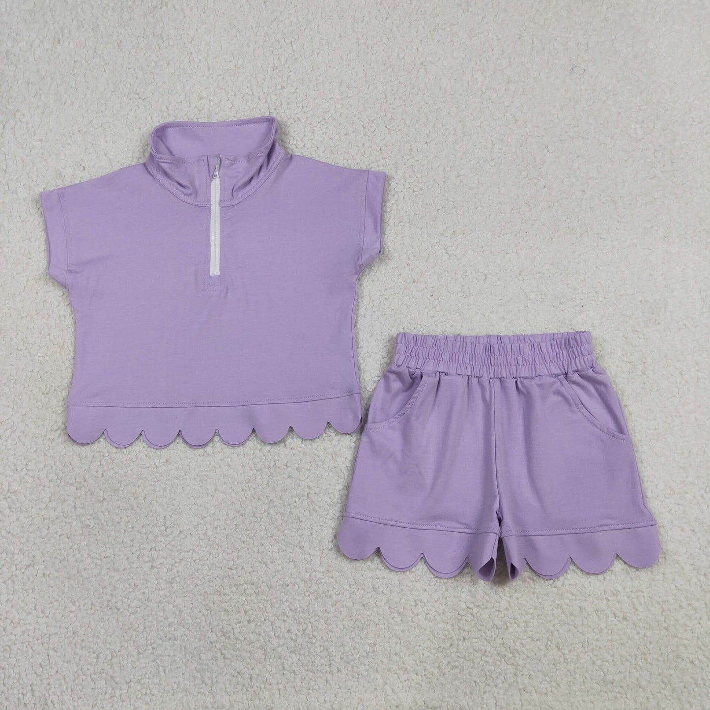 Lavender Zipper Top Pockets Shorts Girls Summer Scallop Cotton Clothes Set
